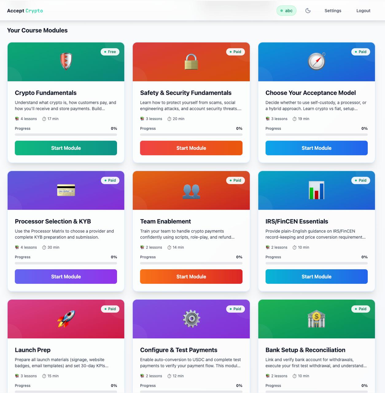 Learning platform showing course modules and lesson progress tracking