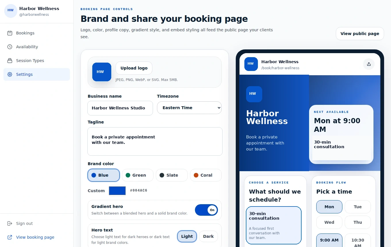 Real Booking Kit screens showing bookings, availability and a public booking page.