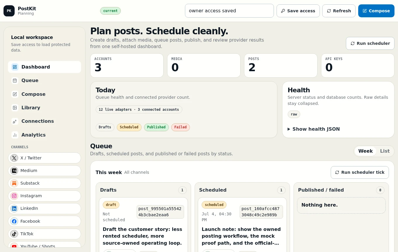 Real PostKit dashboard showing a publishing queue and social platform states.