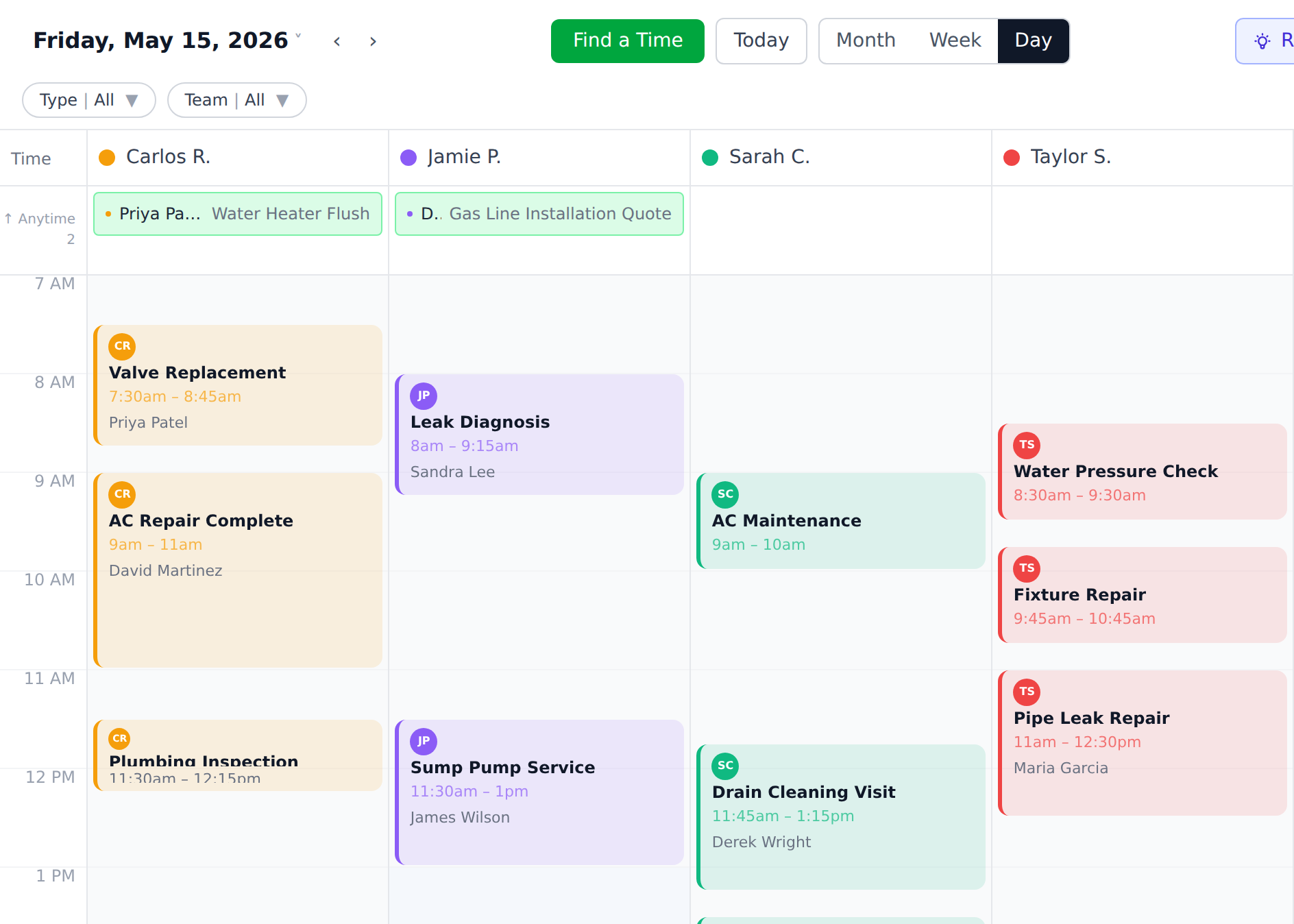 Real ServiceKit schedule showing field jobs assigned across the team day.