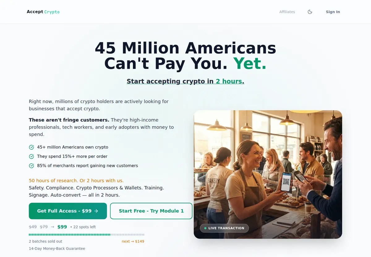 Accept Crypto homepage with course copy for crypto ready business owners.