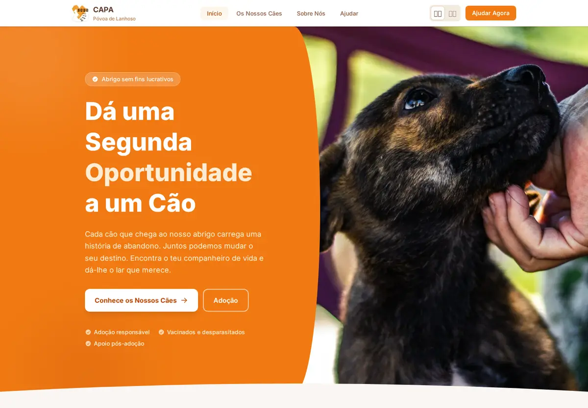 CAPA PVL homepage with adoption message and dog photography.