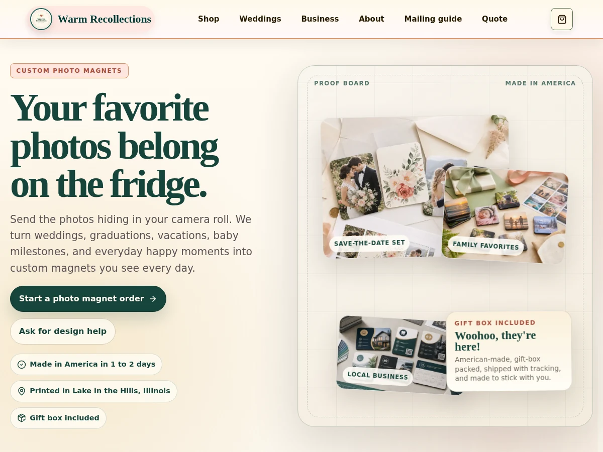 Warm Recollections homepage for custom photo magnets.