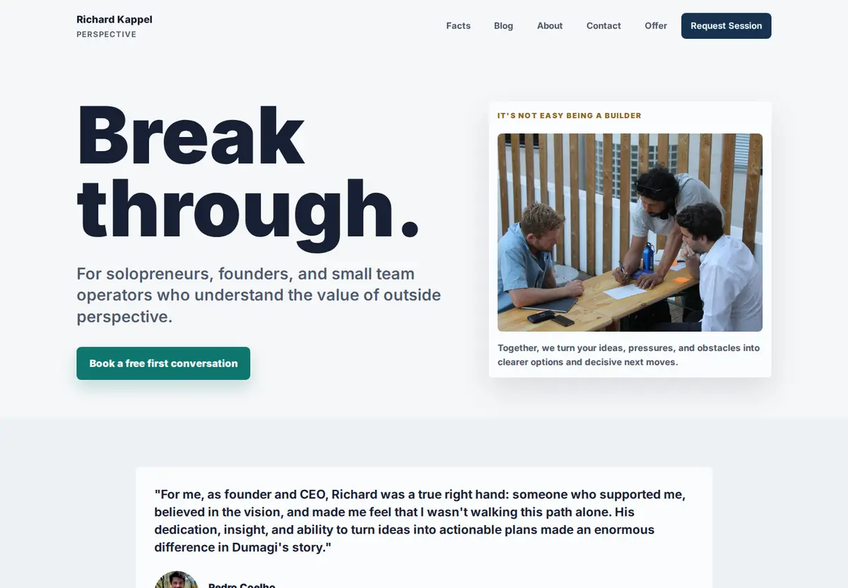 RichKapp homepage with a clear offer and request session call to action.