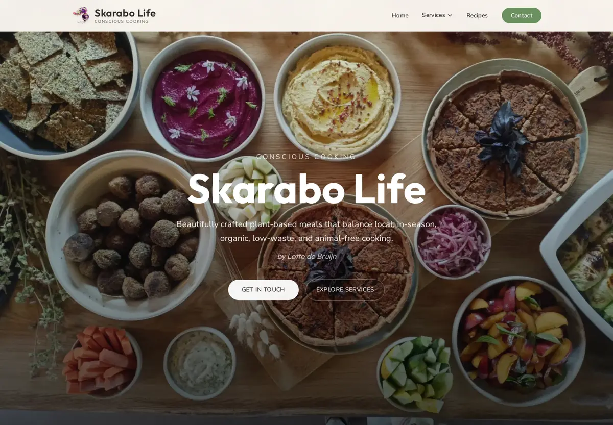 Skarabo Life homepage with food table imagery and conscious cooking positioning. Shown inside a browser frame.